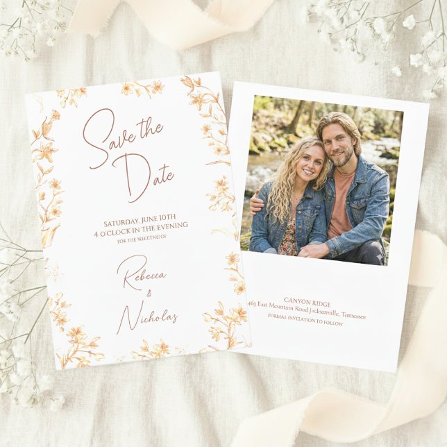 Elegante Kupfer-Glow-Wildblumen-Script-Foto Save The Date (Von Creator hochgeladen)