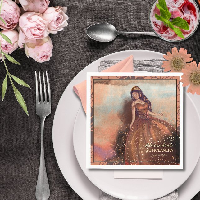 Elegante Kupfer-Rose Quinceañera Napkin Serviette (Elegant Watercolor Copper Rose Quinceañera Napkin)