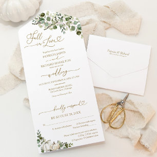 Elegante Kürbis-Grünpflanzen-Herbst-Hochzeit Alles All In One Einladung