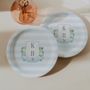 Elegante Küsten-Monogramm-Hochzeitsshower-Party Pappteller