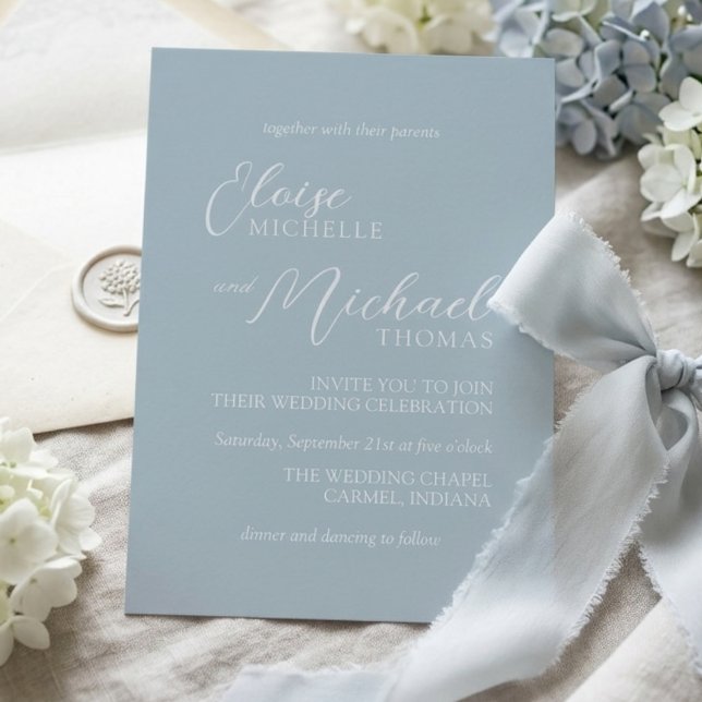 Elegante Küstenblaue Schrift Hochzeitseinladung Einladung (Elegant Coastal Blue Script Wedding Invitation)