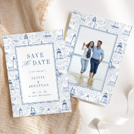 Elegante Küstenhochzeit Blau Toile Foto Save The Date