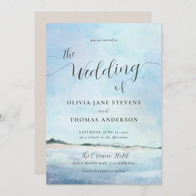 Elegante Küstenwasserwelt Elopement Beach Hochzeit Einladung (Vorne/Hinten)