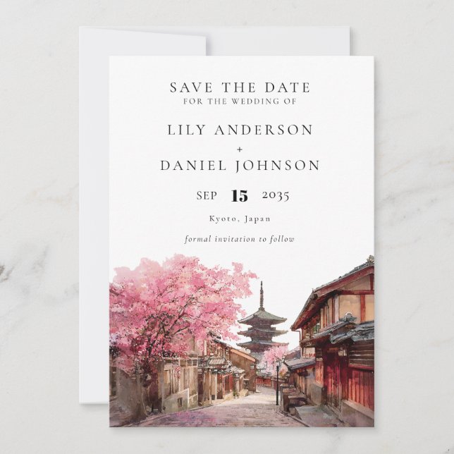 Elegante Kyoto Japan Aquarell-Hochzeit Save The Date (Vorderseite)