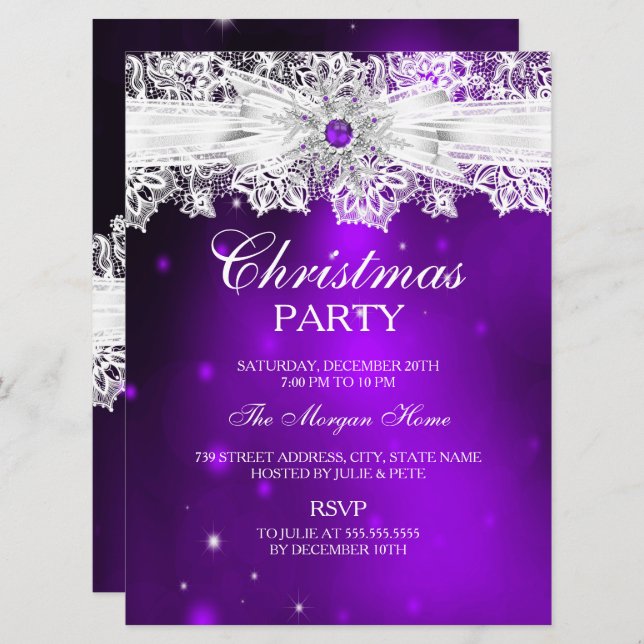 Elegante Lace Bow Lila Weihnachtsfeier Einladung (Vorne/Hinten)