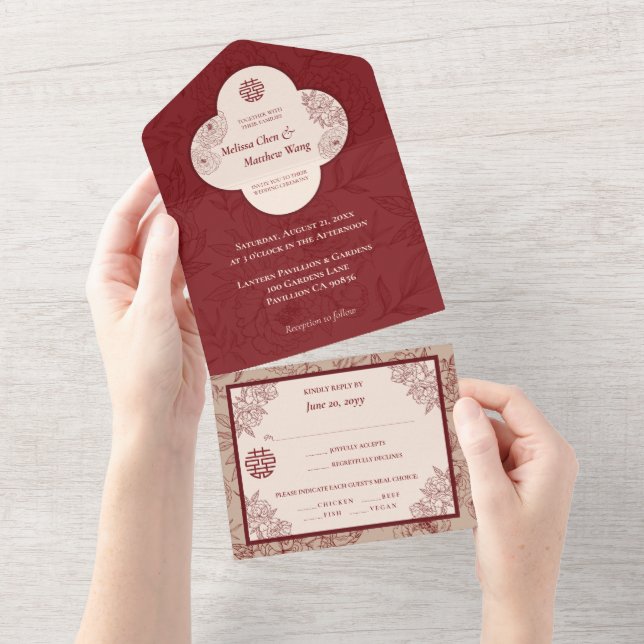 Elegante Lace Floral Chinese Wedding All In One Einladung (Abreißen)