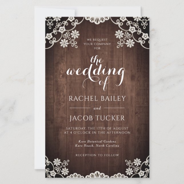 Elegante Lace Rustic Dark Wood Wedding Einladung (Vorderseite)