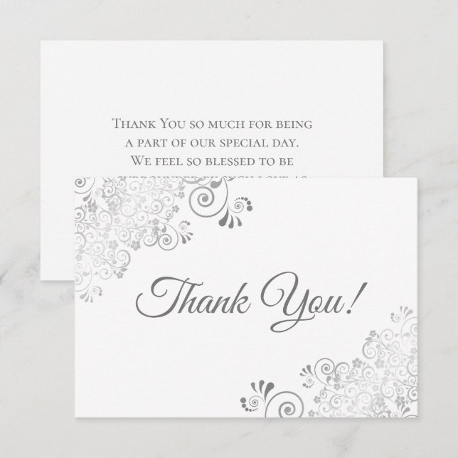Elegante Lacy Silver & White Simple Wedding Dankeskarte (Vorne/Hinten)