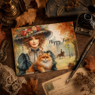 Elegante Lady mit Cat Happy Fall Postkarte