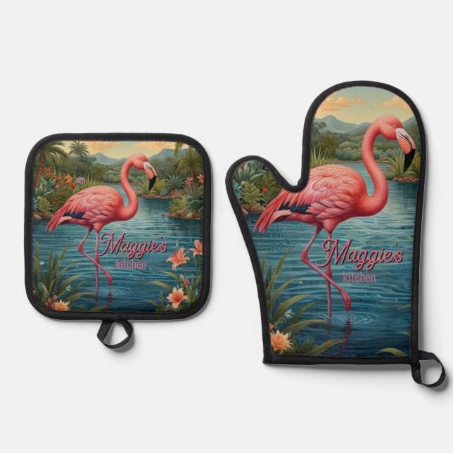 Elegante Lagune mit rosa Flamingo tropisches Parad Ofenhandschuh & Topflappen-Set (Vorderseite)