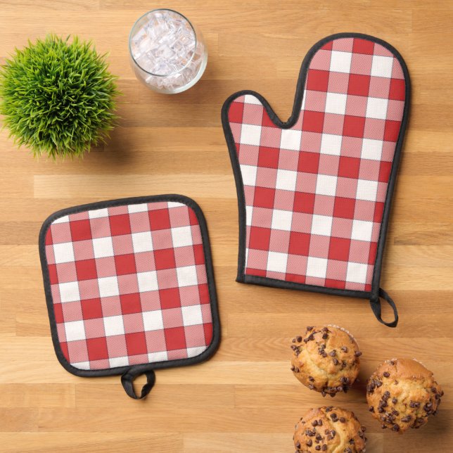 Elegante Landschaft Picnic White Red Checkered Ofenhandschuh & Topflappen-Set (Oben Unten)
