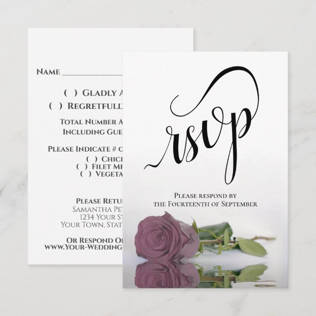 Elegante Langgestempelte Dusty Mauve Pink Rose Wed RSVP Karte (Vorne/Hinten)