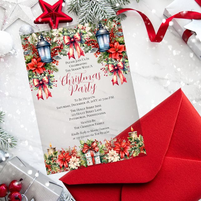 Elegante Lanterns | Candles Floral Christmas Party Acryleinladungen (Vintage Elegant Lanterns and Candles, Poinsettias, Holly and Berries Floral Christmas Party Invite)