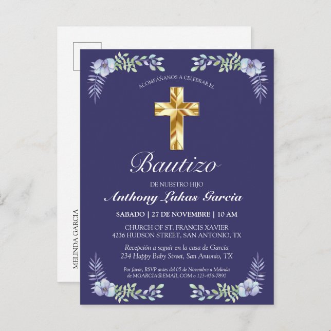 Elegante Lavanda Cruz De Oro Bautizo Bebé Einladungspostkarte (Vorne/Hinten)