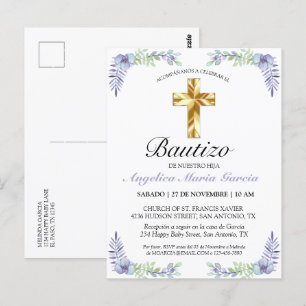 Elegante Lavanda Cruz De Oro Bautizo Bebé Invitati Postkarte