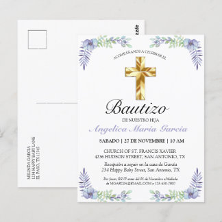 Elegante Lavanda Cruz De Oro Bautizo Bebé Invitati Postkarte