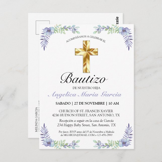 Elegante Lavanda Cruz De Oro Bautizo Bebé Invitati Postkarte (Vorne/Hinten)