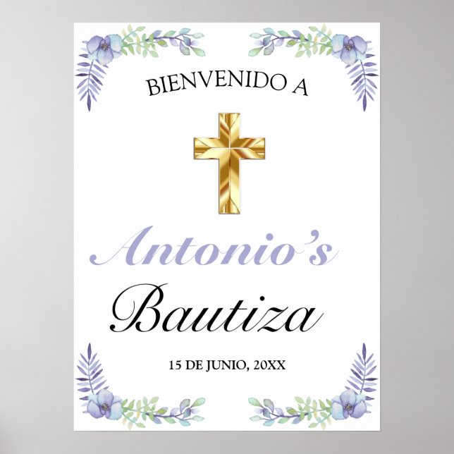 Elegante Lavanda Cruz De Oro Bautizo Bienvenido Poster (Vorne)