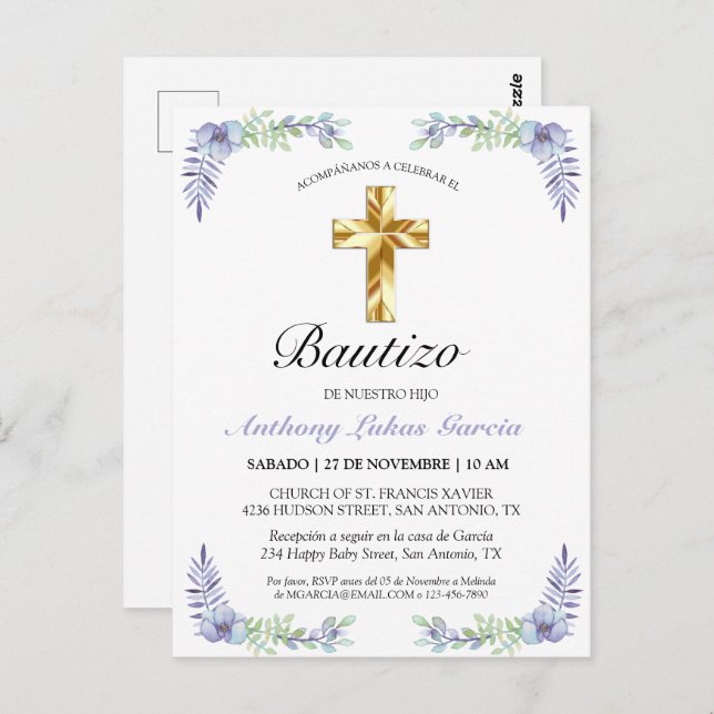 Elegante Lavanda Cruz De Oro Bautizo Invitación Postkarte (Vorne/Hinten)