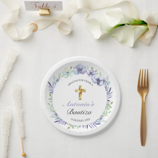 Elegante Lavanda Cruz De Oro Bautizo Pappteller (Hochzeit)