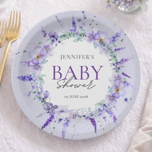 Elegante Lavendel Blumen Baby Shower Aquarell Pappteller