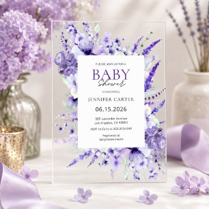 Elegante Lavendel Blumen Baby Shower Lila Acryleinladungen