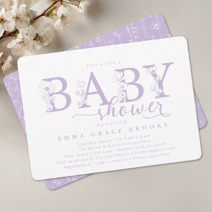 Elegante Lavendel-Blumen-Baby-Shower-Typografie Einladung