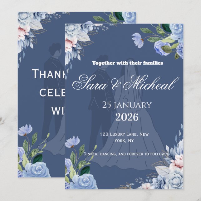 Elegante Lavendel-Blumen-Script-Hochzeitseinladung Einladung (Vorne/Hinten)
