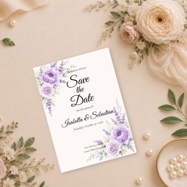 Elegante Lavendel-Blumenhochzeit Save The Date (Von Creator hochgeladen)
