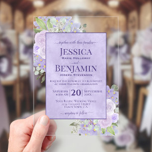 Elegante Lavendel-Boho-Blumen-Hochzeitstext Acryleinladungen