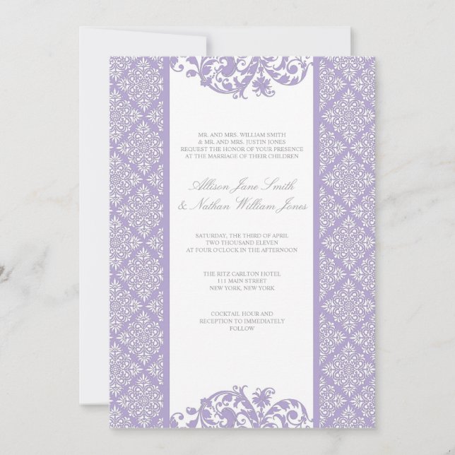 Elegante Lavendel Damask Einladung zur Hochzeit (Vorderseite)