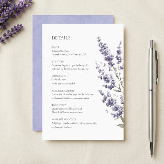 Elegante Lavendel-Hochzeitsdetails Begleitkarte