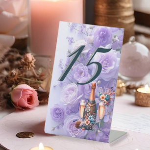 Elegante Lavendel-Lila-Blumen-Hochzeitstisch-Numme Sockelschild