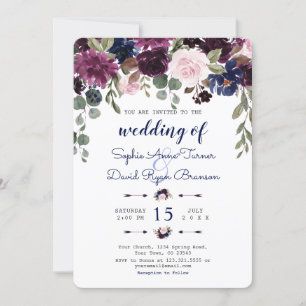 Elegante Lavendel-Navyblaue Blumige Hochzeit Einladung