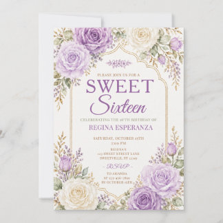 Elegante Lavendel-Rosen-Sweet-Sixteen-Geburtstagse Einladung