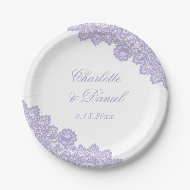 Elegante Lavendel-Rustikal-Blumen-Spitze-Hochzeit Pappteller (Vorderseite)