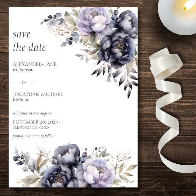 Elegante Lavender & Black Peonies Wedding Save The Date (Von Creator hochgeladen)