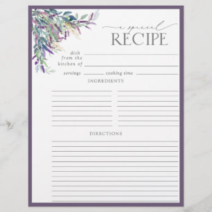 Elegante Lavender Brautparty Recipe Binder Page