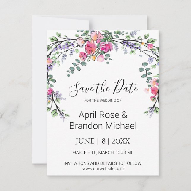 Elegante Lavender Eukalyptus pink Aquarellfarben R Save The Date (Vorderseite)