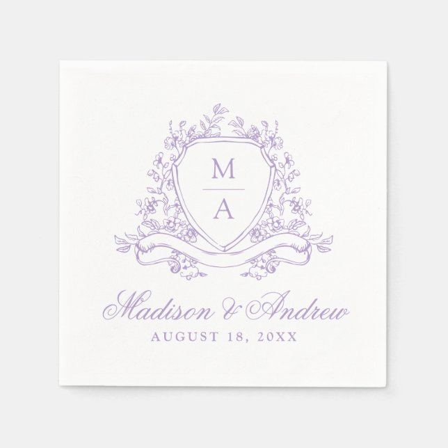 Elegante Lavender Floral Wappen Monogram Wedding Serviette (Vorderseite)