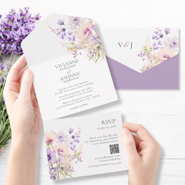 Elegante Lavender Floral Wildblumen QR UAWG All In One Einladung (Elegant Lavender Floral Wildflowers QR RSVP All In One Invitation)