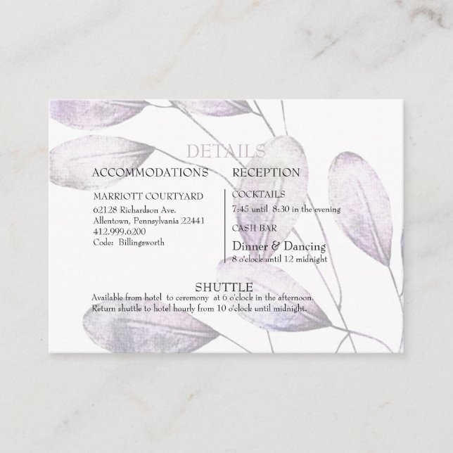 Elegante Lavender Foliag Cash Bar & Shuttle Weddin Begleitkarte (Vorderseite)