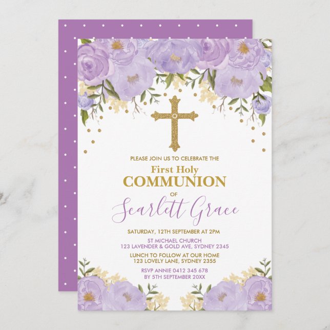 Elegante Lavender & Gold Floral Heilige Kommunion Einladung (Vorne/Hinten)