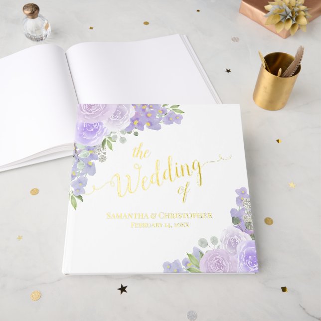Elegante Lavender Lila Boho Blumenstrauß Hochzeit Gästebuch (Vorderseite Offen)