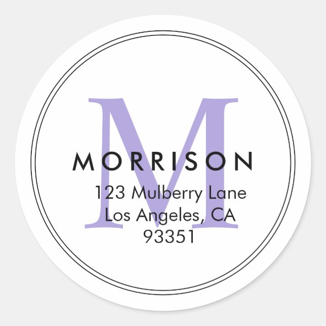 Elegante Lavender Monogram-Rücksendeadresse Runder Aufkleber (Vorderseite)
