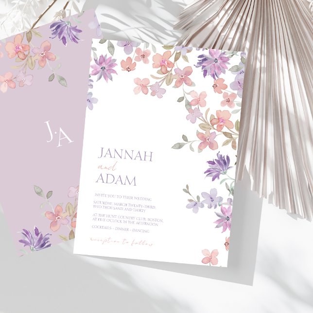 Elegante Lavender Pink Whimsical Wildblume Hochzei Einladung (Elegant Lavender Pink Whimsical Wildflower Wedding Invitation)