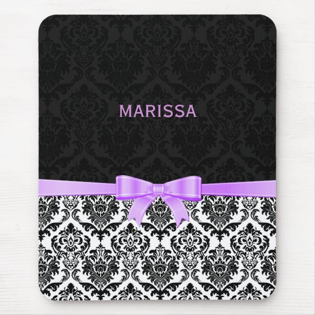 Elegante Lavender Ribbon Black & White Damasks 2 Mousepad (Vorne)