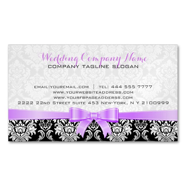 Elegante Lavender Ribbon Black & White Damasks Magnetische Visitenkarte (Vorderseite)