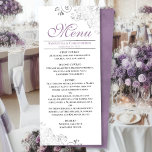 Elegante Lavender & Silver Wirbel auf der White We Menükarte<br><div class="desc">Dieses schöne Menü wird Ihrem Hochzeitsempfang etwas mehr Stil verleihen. Es zeichnet sich durch ein wunderschönes Design aus, mit verzierten silbergrauen Imitaten und Wirbel auf einem klassischen, weißen Hintergrund, mit lavender oder helllila Texten und einem marmorierten Rücken. Es gibt Platz für die Namen des Paares und das Hochzeitstag, und der...</div>