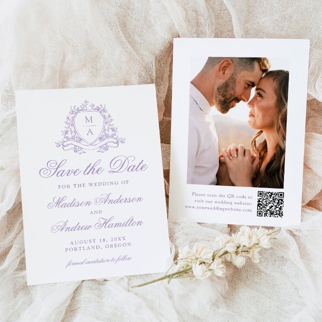 Elegante Lavender Wappen Monogram Foto Wedding Save The Date (Von Creator hochgeladen)